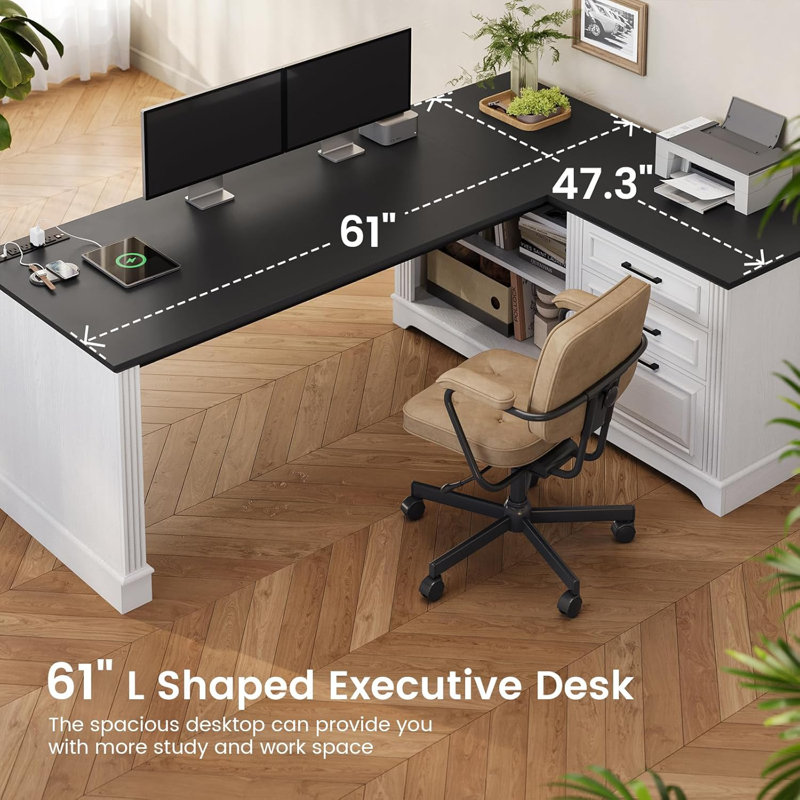 61" Office Desk Farmhouse Executive Desk L Shaped Desk With File Drawers Computer Desk With Power Outlets Black White, Black
