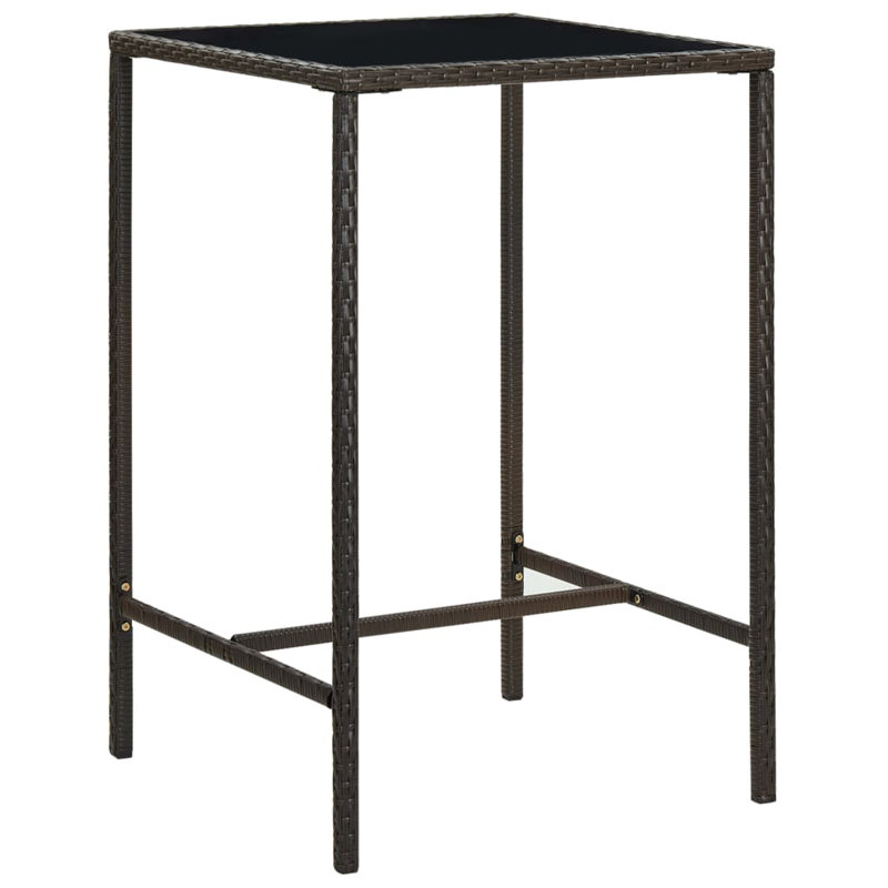 Bar Table Outdoor Pub Counter Height Table with Glass Top PE Rattan, Brown, 27.6" L x 27.6" W x 39.4" H