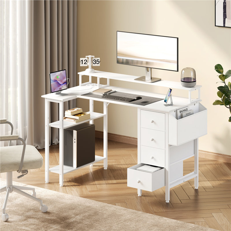 L-Shaped Computer Desk with Built-In Electrical Outlet, White, 120cm L x 68cm W x 86.5cm H