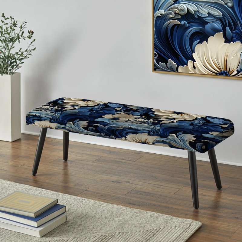 Motif floral victorien bleu et blanc cobalt - Banc rembourré floral noir