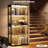 65" Rounded Display Cabinet With Glass Door, 4-tier Curio Cabinet With Transparent Full-display Surface For Collectibles, Glass Display Case With 3 Color Lights, Human Body Sensor, Black-1583359322