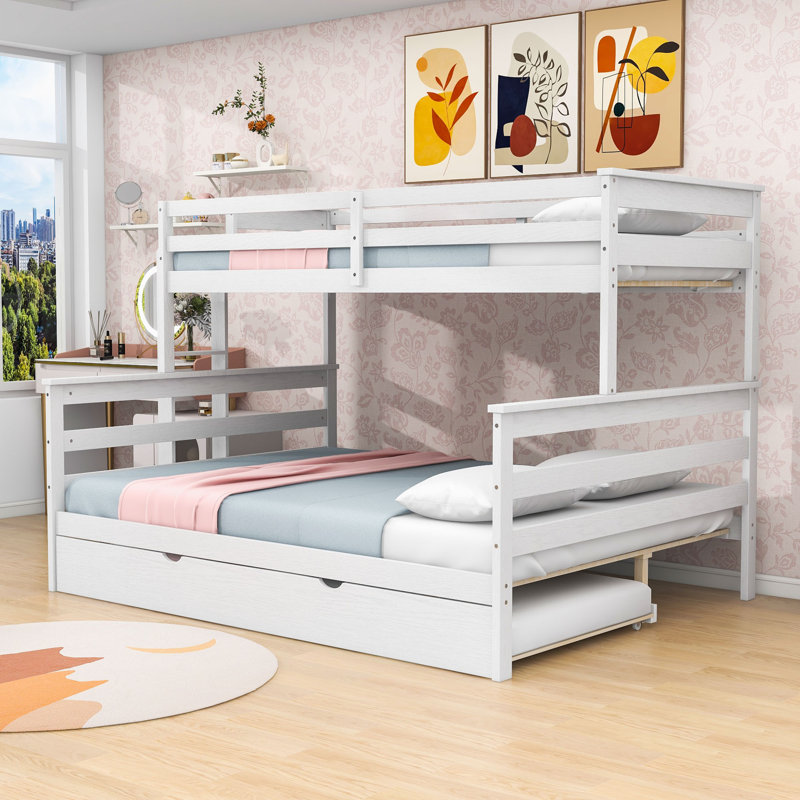 Twin XL Over Queen Bunk Bed with Twin Trundle, Guardrails and Ladder, White