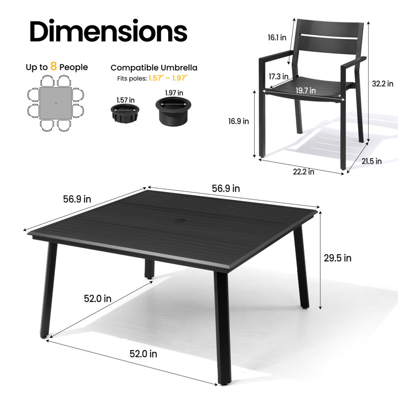 Ensemble repas d'extérieur carré en aluminium pour 8 personnes avec fauteuils empilables