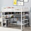 Lit mezzanine en métal avec bibliothèque, bureau et armoire, double, blanc