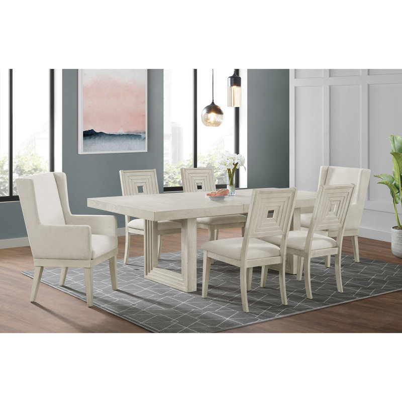 Ensemble de salle à manger Rhiannon 7 pièces, hauteur standard, blanc antique : table, quatre chaises et deux fauteuils.