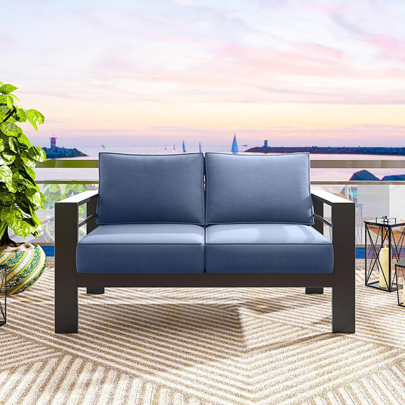 Causeuse de patio toutes saisons avec coussins, Blue, Black