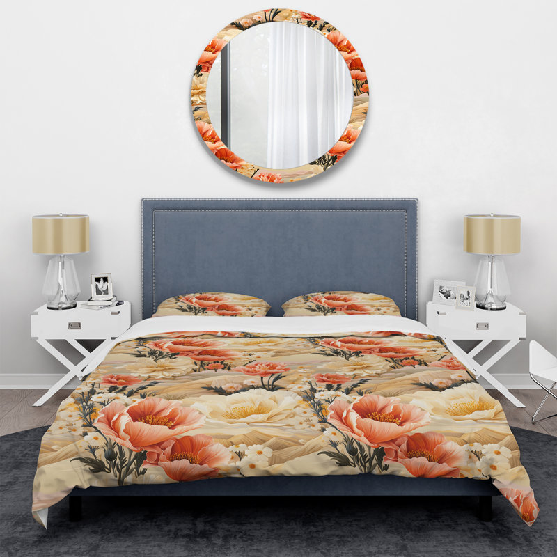 Literie Sandy beige pivoines Mirage pêche I, Housse de couette simple + 1 taie décorative stan