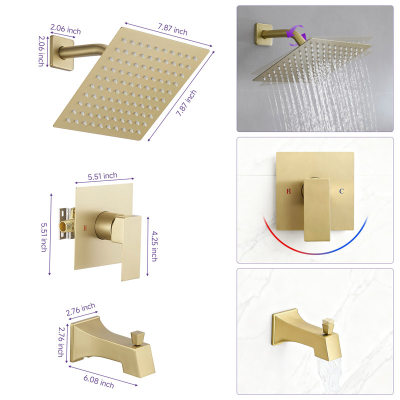 Single-Handle 2-Spray Rainfall  Shower Faucet 2.5 GPM With High Pressure Tub Spout In Brushed Gold (Valve Included)
