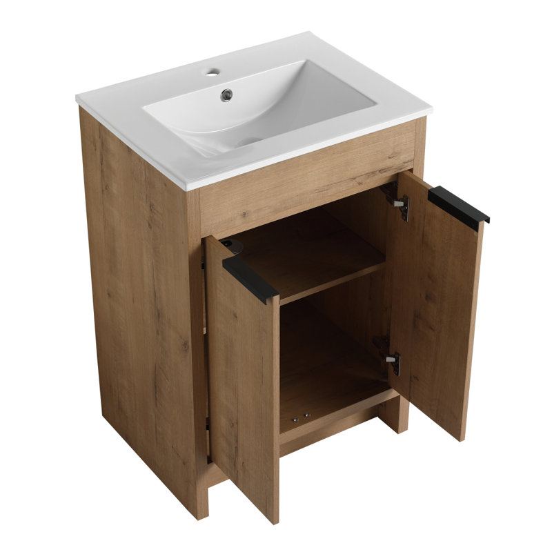 Meuble-lavabo autoportant avec lavabo en céramique, Imitation chêne, 24"