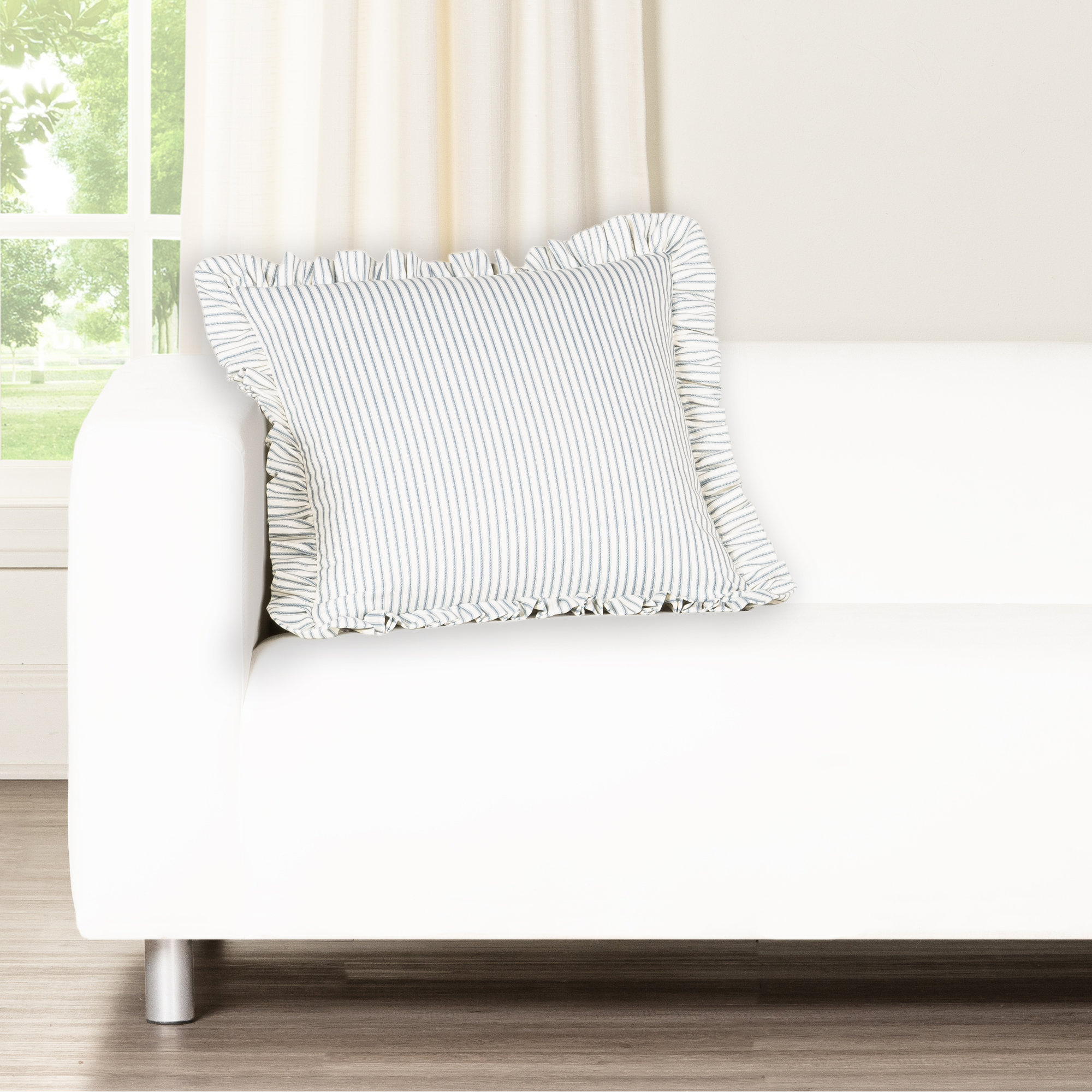 Birch Lane Ticking Stripe Ruffled Accent Pillow, Feather, Light Blue