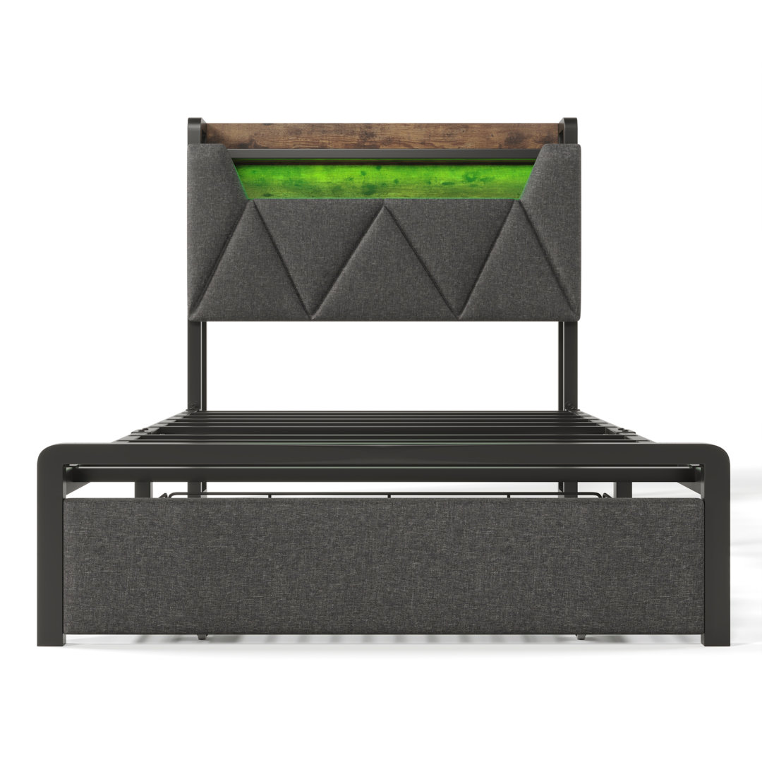 Upholstered Bed With 1 Draewr, Led And Usb Linen Grey