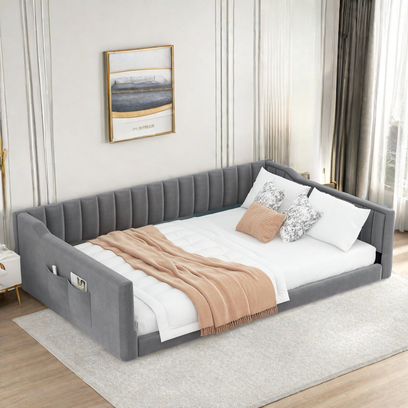 Lit de jour rembourré avec poches de rangement latérales et rayures verticales, Gris, Double XL