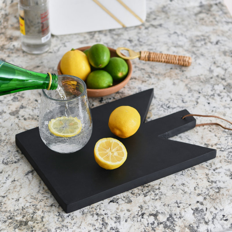 Geometric Wood Cutting Board with Leather Tie, Black
