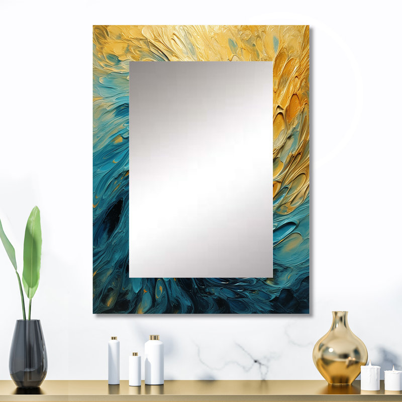 «Golden Ocean Swirling Waves Peinture II», miroir mural décoratif à spirales abstraites, grand miroir doré, reproduction d'art en métal