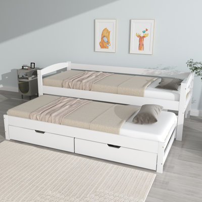 Daybed With Extendable Single To Double Bed, Rolling Trundle & 2 MDF Drawers – Solid Wood Frame, White
