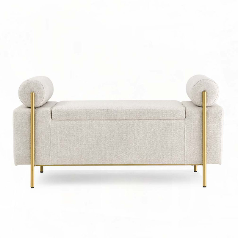Upholstered Storage Bench, Beige, Solid Wood