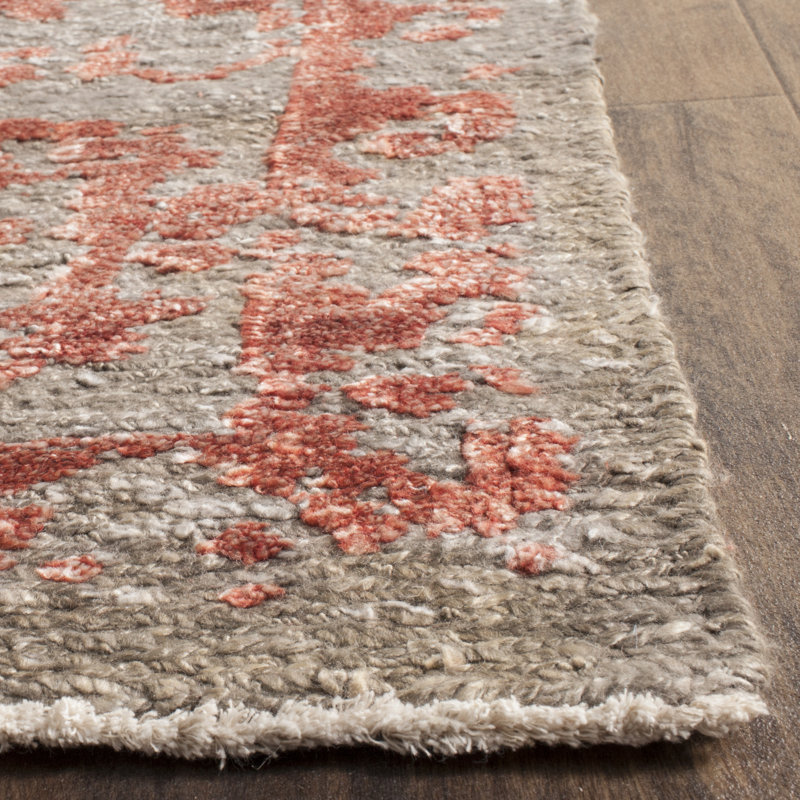 Rectangle Centennial Floral Hand-Knotted Cotton/Viscose Area Rug in Gray/Red, Rectangle 8' x 10'