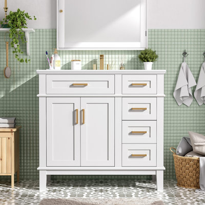Meuble-lavabo moderne de 36 po avec lavabo en céramique, porte à fermeture en douceur et 4 tiroirs de rangement, offrant un look raffiné avec une fonctionnalité pratique au quotidien.