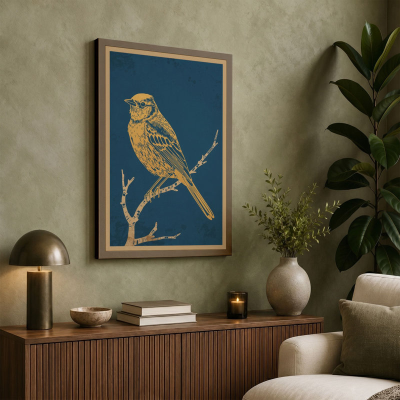 Songbird on Branch Japandi - Wrapped Canvas, 24x16 - 61.0 x 40.6 cm, Taupe Border
