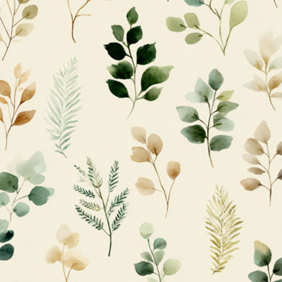 Papier peint adhésif à motif botanique, feuilles vertes et beiges, feuillage floral aquarelle, branches naturelles. Décoration murale amovible et autocollante pour chambre, cuisine et placards. 45 cm x 300 cm.