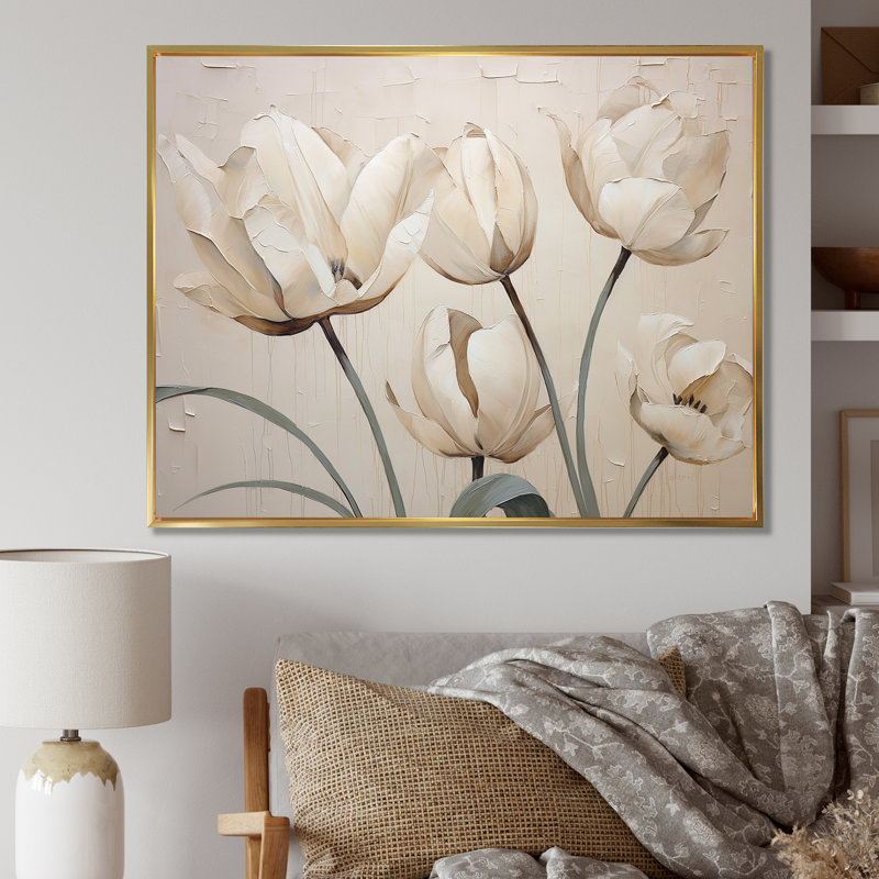 Minimalisme, tulipes blanches symphonie II sur toile, Cadre flottant doré, H 24 po x l 32 po x P 1 po