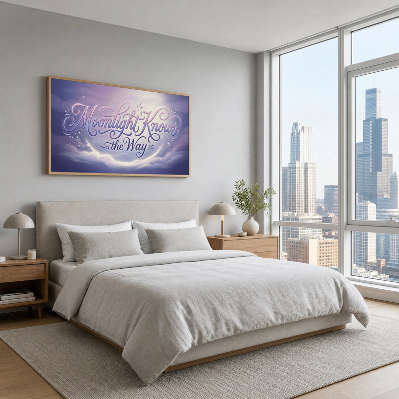 Moonlight Knows the Way Text With Crescent Moon Canvas Wall Art
