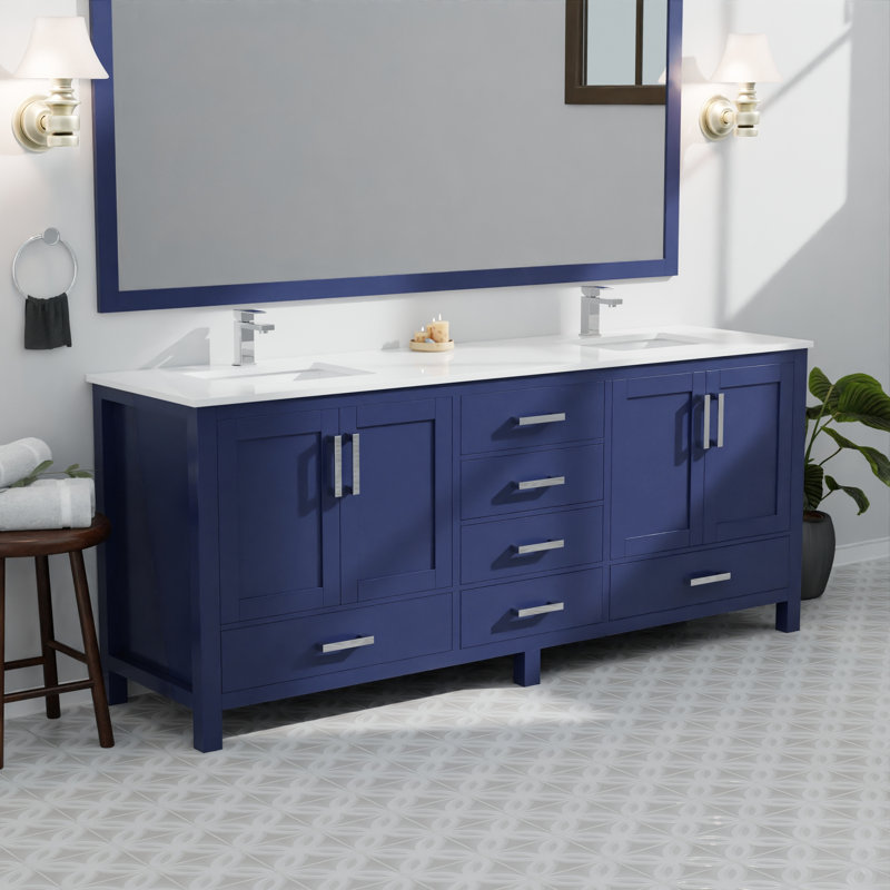 Double Bath Vanity with White Quartz Top and Faucet Set, Navy Blue