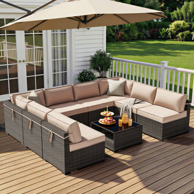 8-Person PE Wicker Patio Sectional Set with Storage Coffee Table & Beige Cushions
