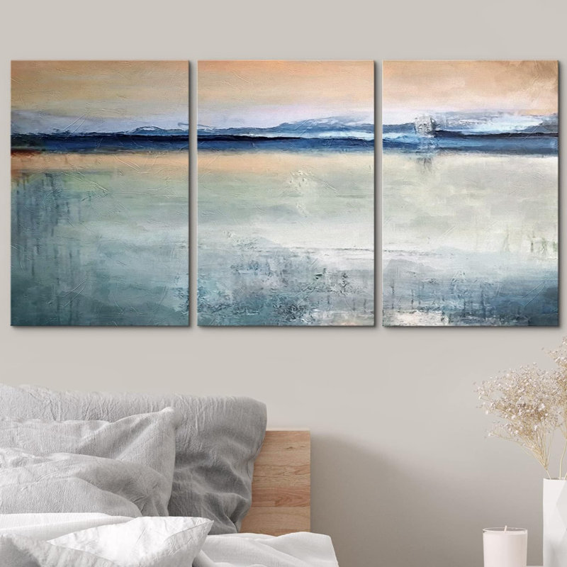 «Minimal Landscape Minimal Blue Paint Stroke Landscape Abstract Shapes Modern Art Decor Chic on Canvas», reproduction de 3 pièces