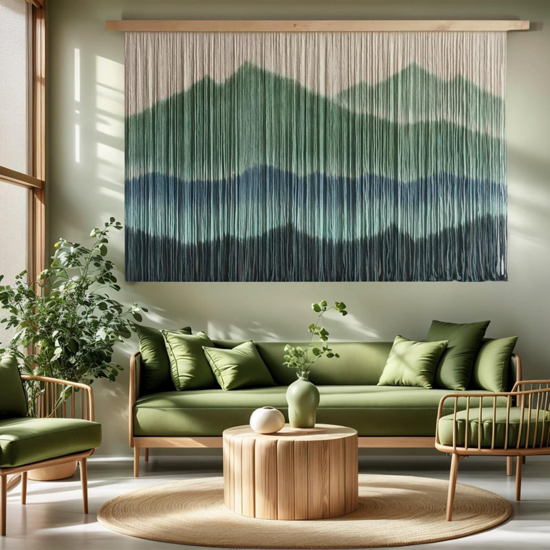 Tapisserie décorative tissée en macramé tissé à la maison avec tapisserie et teinture par immersion dans un grand espace de montagne coloré en fibre colorée pour le salon (vert)