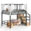 Lit mezzanine avec escalier de rangement et garde-robe, lit mezzanine en métal avec cadre à baldaquin et éclairage à DEL, conception spacieuse sous le lit