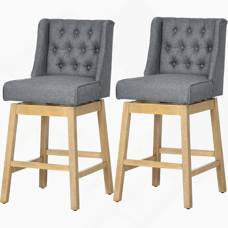 Ensemble de 2 tabourets de bar à hauteur de bar pivotant à 180 degrés, siège de 30 po de hauteur avec repose-pieds en bois massif et capitonnage à boutons, gris