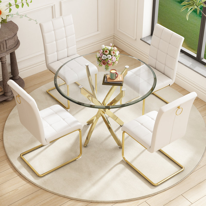 5- Piece Dining Table Set,Glass Top Metal Base Dining Tablewith 4 Faux Leather Dining Chairs, White/Gold, Gold