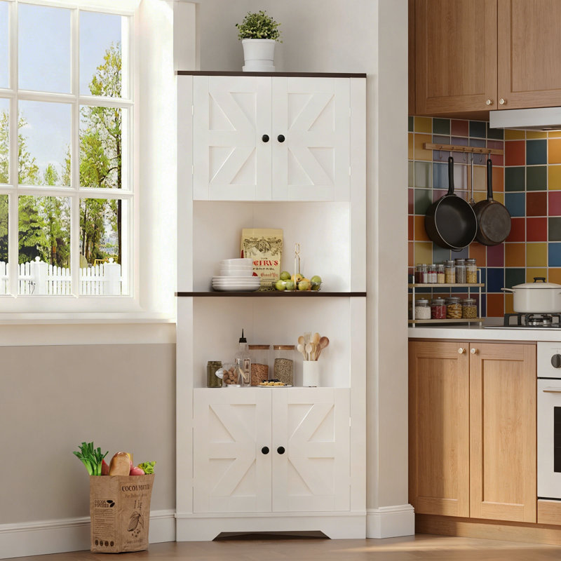 Armoire de coin de 63 po de hauteur, armoire de cuisine autoportante avec tablettes réglables, armoire de coin en bois pour la cuisine et le salon