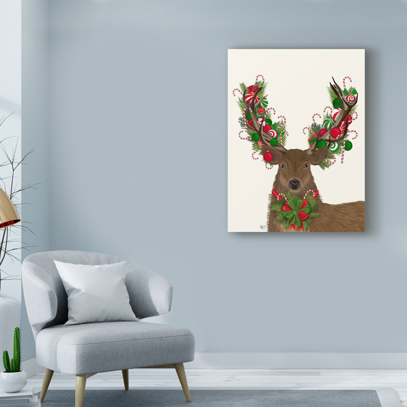 «Deer, Candy Cane Wreath» par Fab Funky - impression sur toile, H 32 po x l 24 po x P 2 po