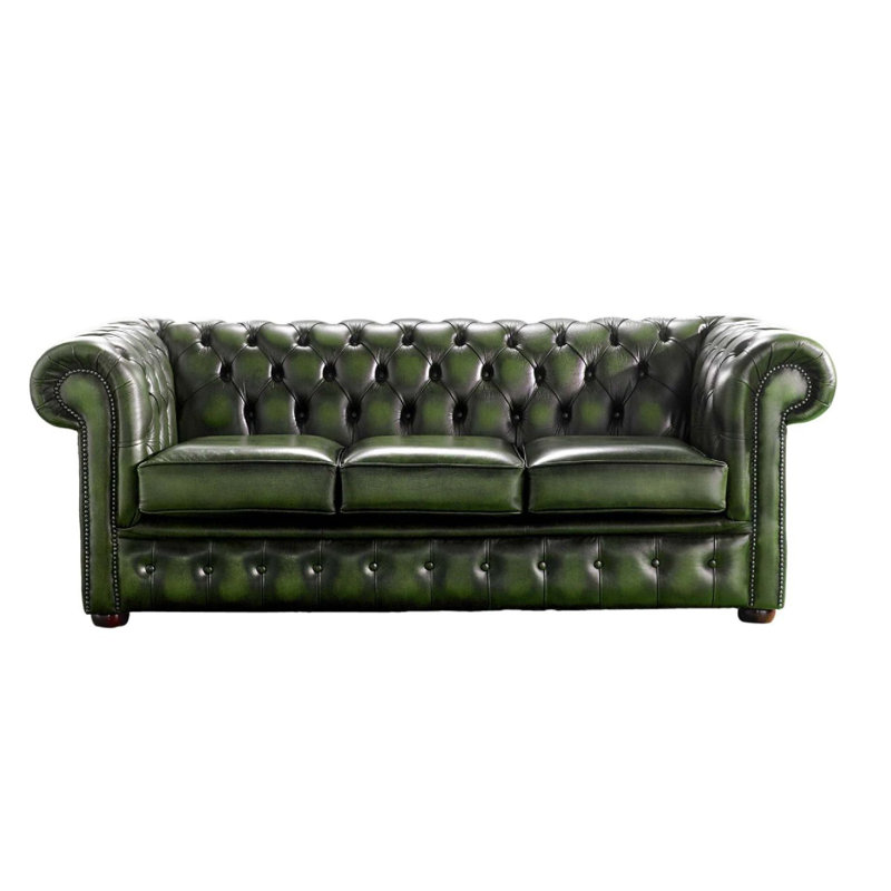  3 Seat Chesterfield Sofa In Antique Leather, Antique Green