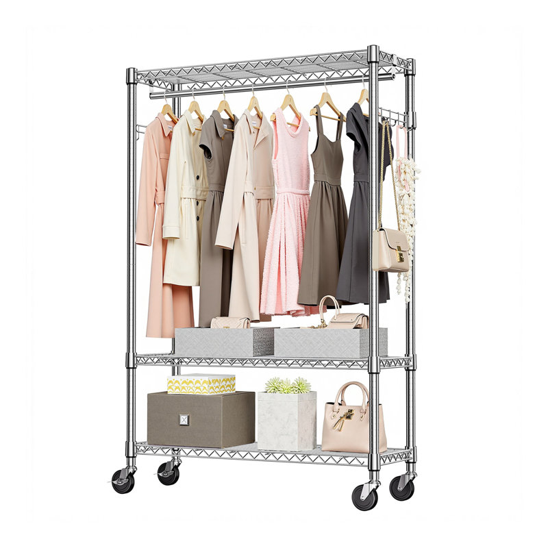 Portant à vêtements robuste sur roulettes, organisateur de garde-robe sur roulettes et support à vêtements avec 1 tringle à vêtements, garde-robe ajustable en métal, P 15,7 po x l 45,3 po x H 75,6 po, chrome