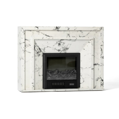 Bulgari-patterned smoky marble simulated fire smart fireplace