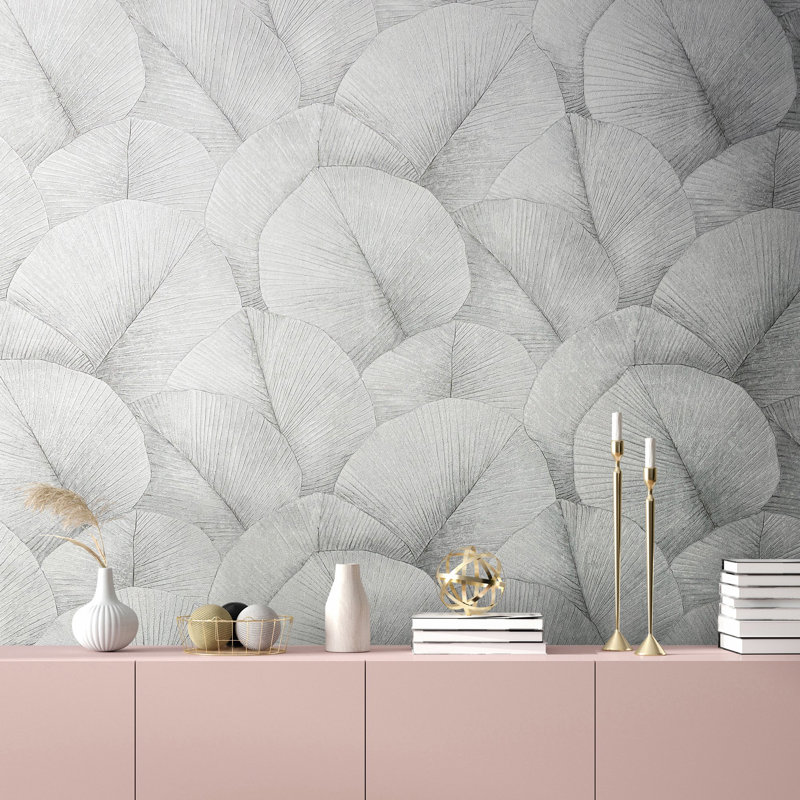 Kumano 3D Embossed Palm Leaf Wallpaper Roll, Gray