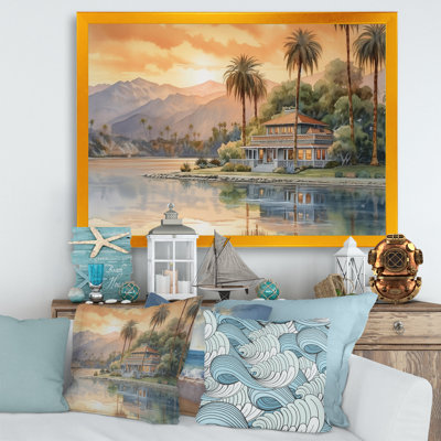 " Drawing Of House By The Water At Sunset "