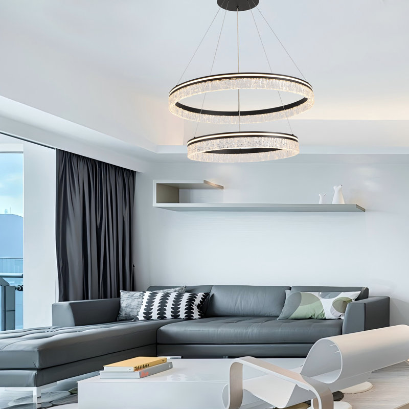 2 Ring Chandelier Modern Led Pendant Lights Dimmable With Remote Height Adjustable Light Fixtures, Black