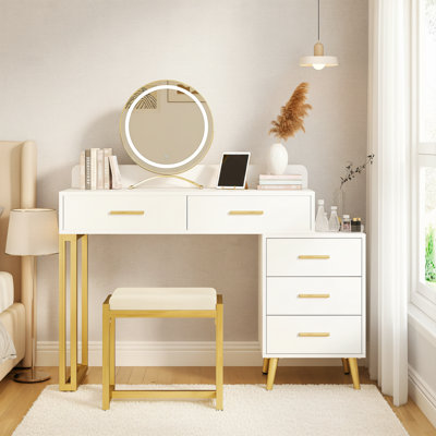 Ensemble de meuble-lavabo moderne blanc avec lumière et miroir 6 tiroirs de rangement + séparateurs + tabouret rembourré; Coiffeuse pour chambre à coucher.