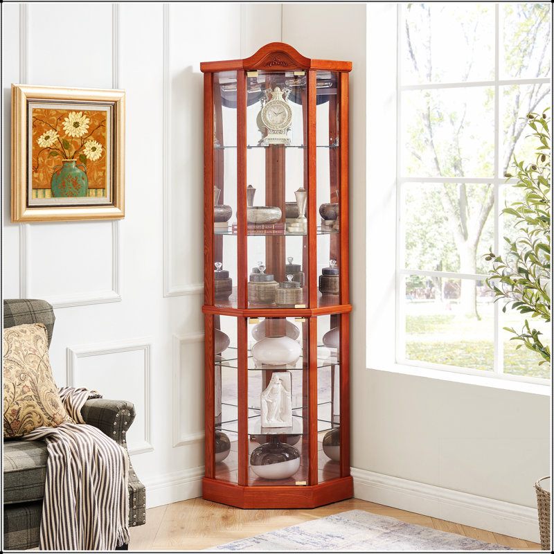 Glass Cabinet Lighted Corner Display Curio With Adjustable Shelves, For Showcasing Collectibles And Maximizing Space, Oak