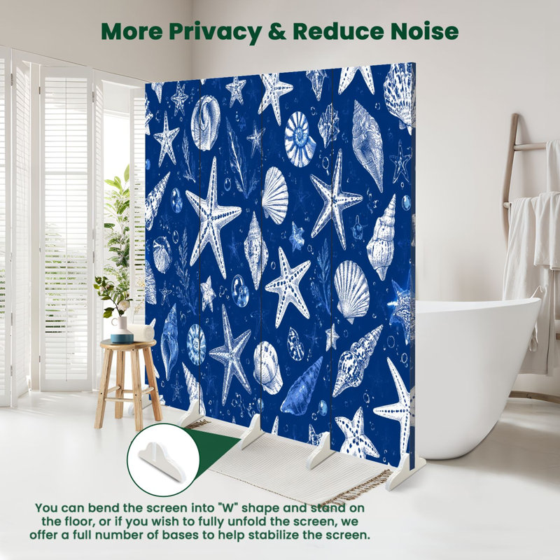 Cloison pliante 4 panneaux paravent Royal Nautical Seashell Starfish, H 71 po x l 64 po x P 1 po, 4