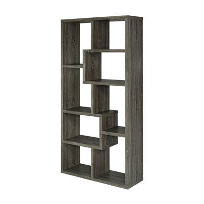 Rectangular 10-Shelf Bookcase In Weathered Grey, Seven Open , Different Size Spaces, And Particle Board Design Grey Geometric Bookcase, , Scratch- Finish, For Study Room