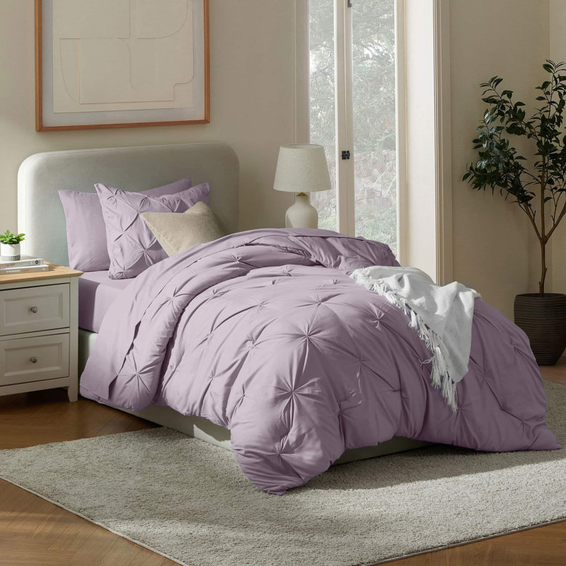 Bed-in-A-Bag Pleated Comforter Set with Bed Sheets, Twin Comforter + 4 Additional Pieces, Dusty Purple