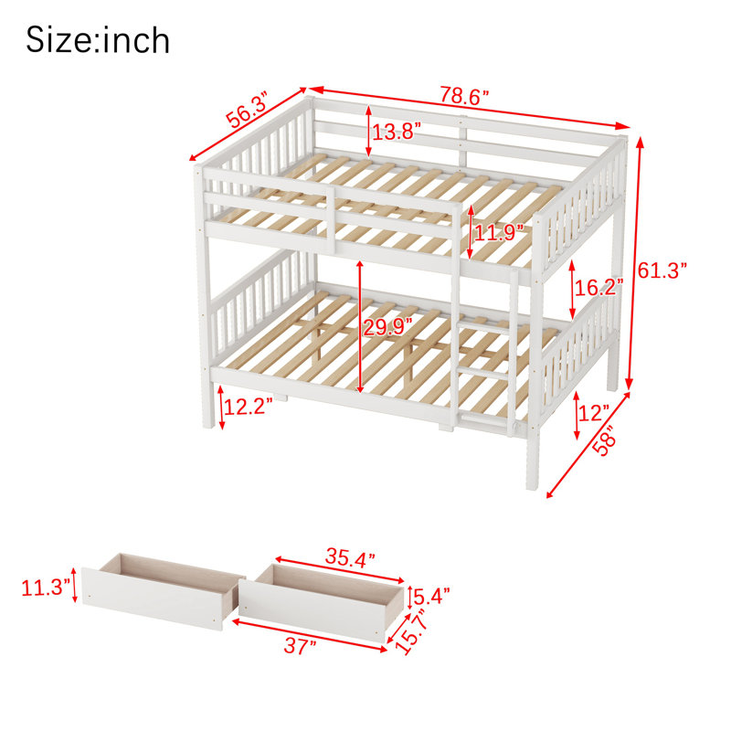 Lit superposé double au-dessus de double avec tiroirs de rangement, échelle et garde-corps - convertible en 2 lits doubles, blanc