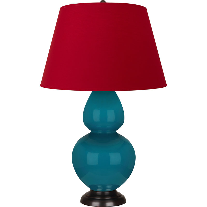 Lampe de table double gourde en céramique, Paon glacé / bronze, Blanc cassé, Bronze