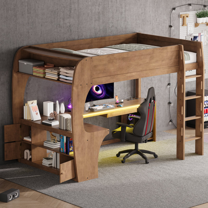 Lit mezzanine de jeu pleine grandeur avec bureau, étagères de rangement, éclairage DEL et station de recharge, noyer