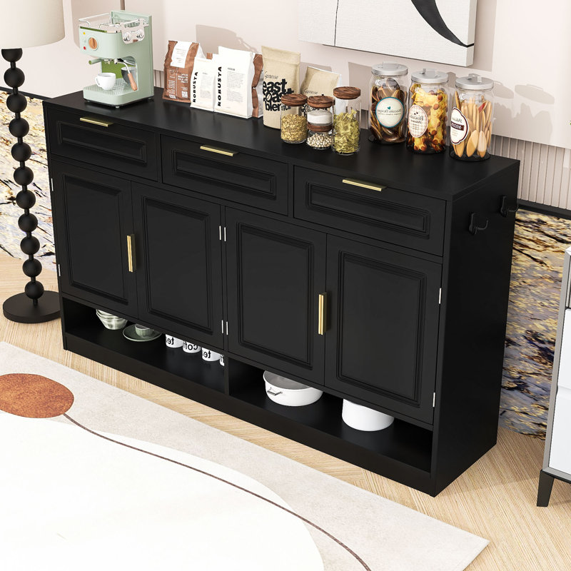 Buffet Farmhouse avec 3 tiroirs, tablettes réglables et rangement ouvert, Noir